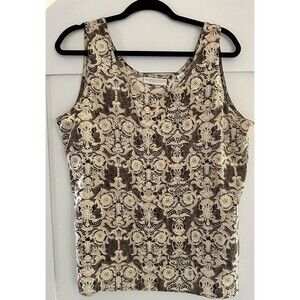 Valerie Stevens Pure Silk Shell Tank Top Brown Beige Pink Damask Print Size 14